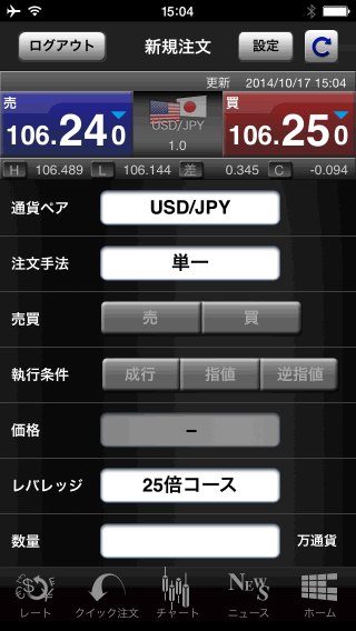 インヴァスト証券【FX24】注文画面