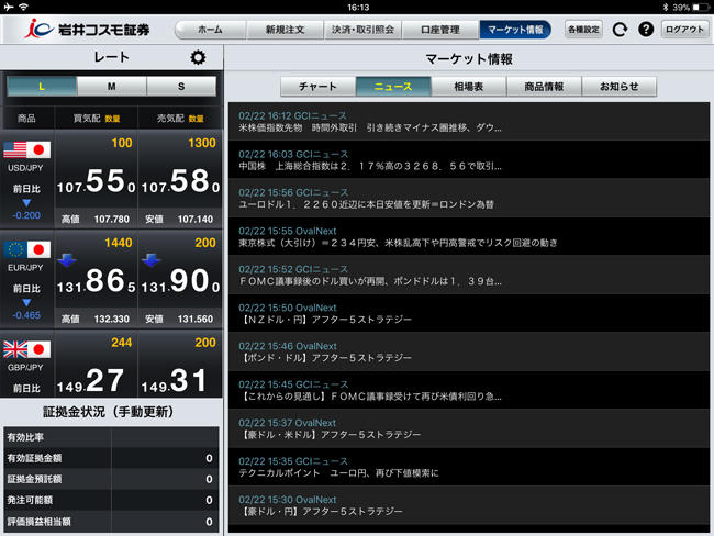 岩井コスモ証券【くりっく365】iPadマーケット情報画面