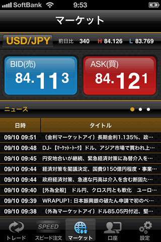 GMOクリック証券のiPhoneニュース画面