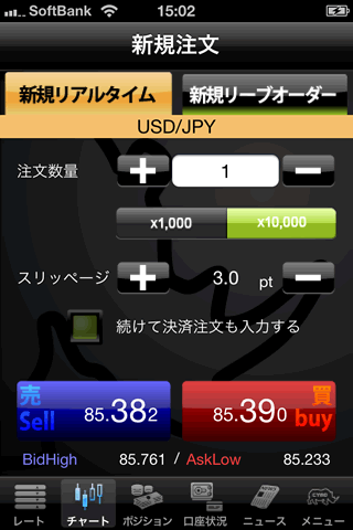 サイバーエージェントFXのiPhone注文画面