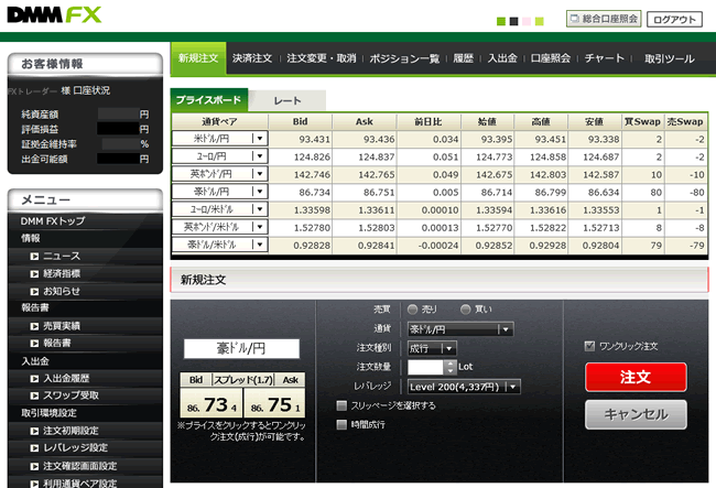 DMM.com証券[DMMFX](取引画面全体)