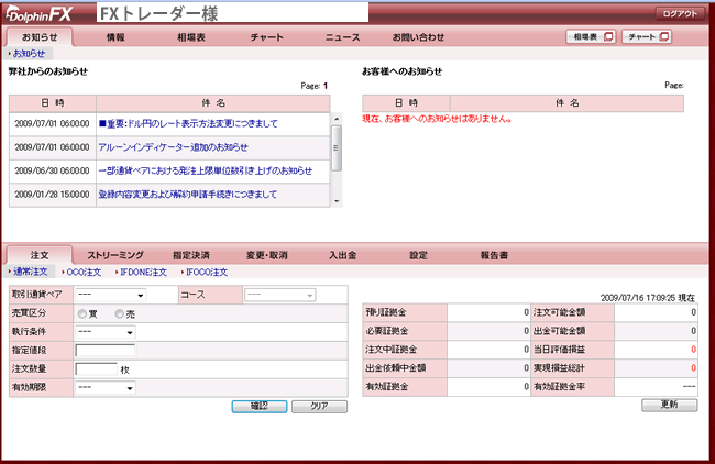 小林洋行[ドルフィンFX](取引画面全体/WEBブラウザ型)