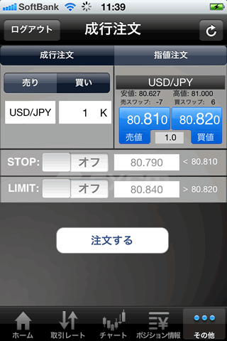 FXCMジャパン証券のiPhone注文画面