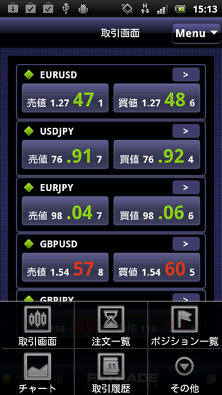 FXトレードフィナンシャルAndroidTOP画面