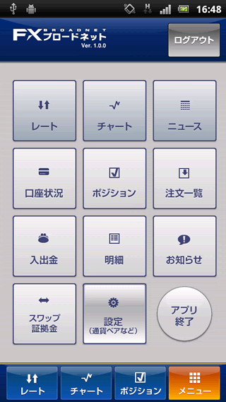FXトレーディングシステムズAndroidTOP画面