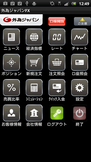 外為ジャパンのAndroidTOP画面
