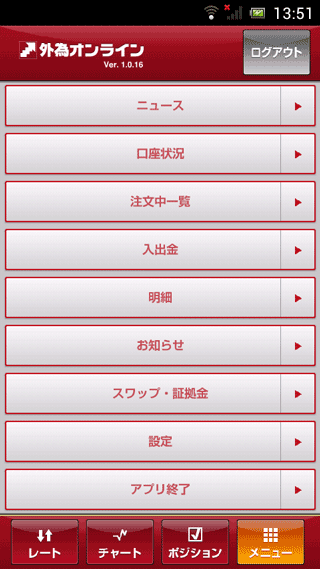 外為オンラインAndroidTOP画面