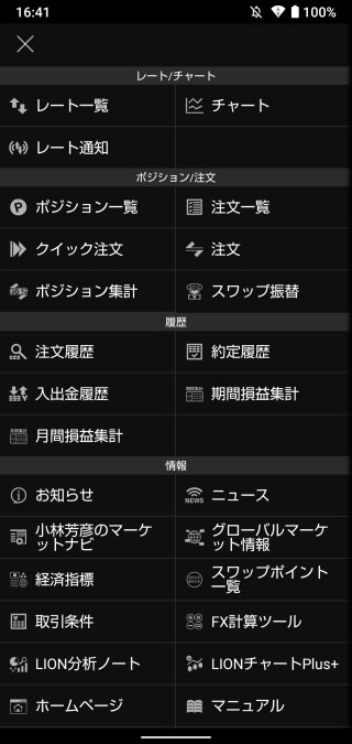 ヒロセ通商[LIONFX]のAndroidTOP画面