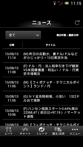 マネーパートナーズAndroidニュース画面
