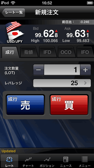 みんなのFXのiPhone注文画面