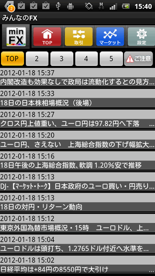 みんなのFXのAndroidニュース画面
