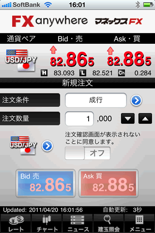 マネックスFXのiPhone注文画面