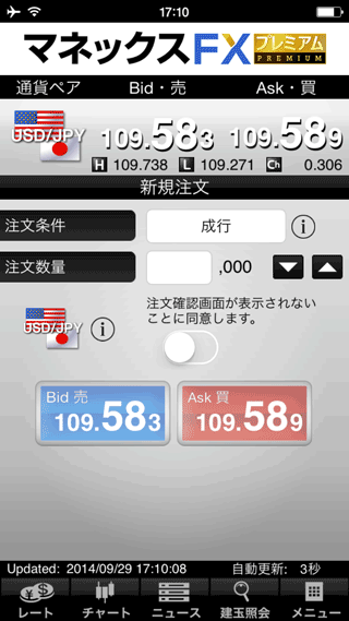 マネックス証券[マネックスFXプレミアム]のiPhone注文画面