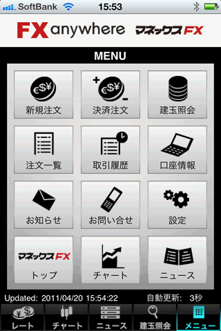 マネックスFXのiPhoneTOP画面