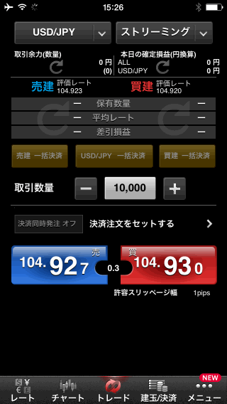 マネーパートナーズのiPhoneスピード系注文画面