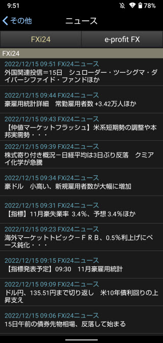 岡三証券【くりっく365】Androidニュース画面