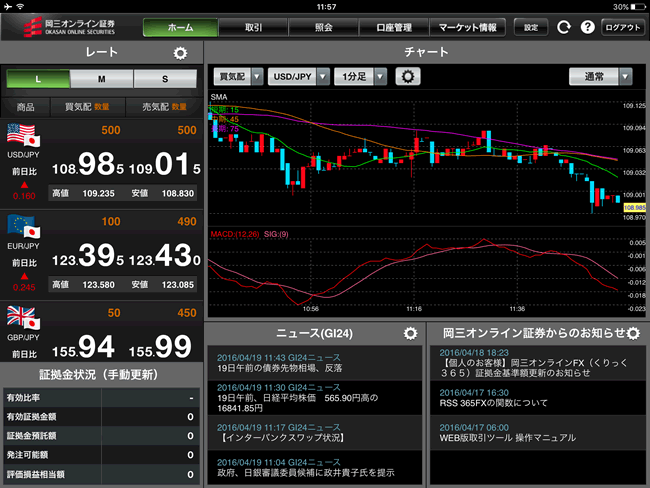 岡三オンライン証券【くりっく365】iPadTOP画面