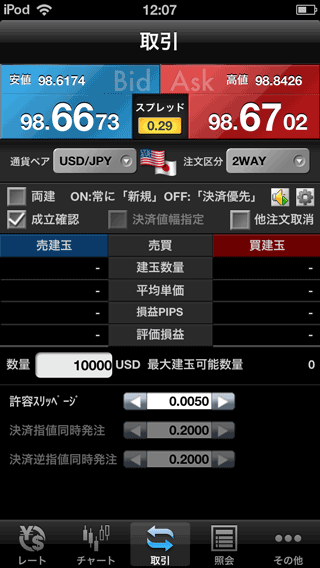SBIFXトレードiPhone注文画面