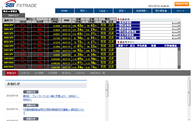 SBIFXトレード(取引画面全体)