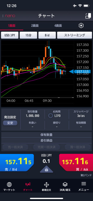 マネーパートナーズ[パートナーズFXnano]のiPhoneスピード系注文画面