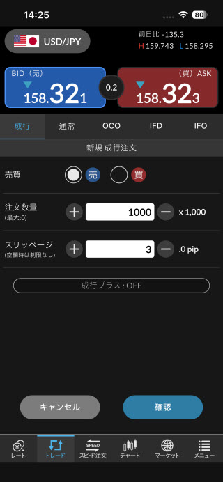 セントラル短資ＦＸ[ＦＸダイレクトプラス]の注文画面