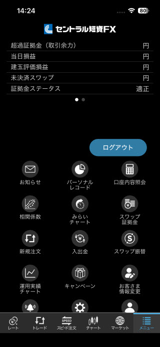 セントラル短資ＦＸ[ＦＸダイレクトプラス]のiPhoneTOP画面