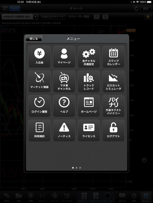 外為どっとコム[外貨ネクストネオ]iPadメニュー画面