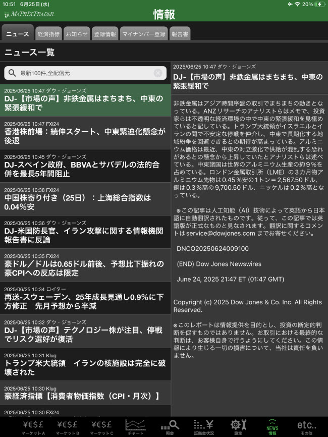 JFX[MATRIXTRADER]iPadマーケット情報画面