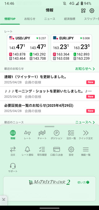 JFX[MATRIXTRADER]のAndroidTOP画面