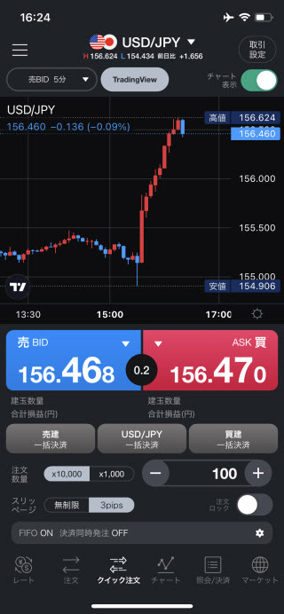 LINE証券[LINEFX]iPhoneスピード注文画面(TradingView)