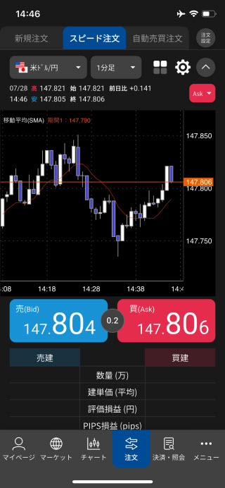 松井証券[松井証券 MATSUI FX]のiPhoneスピード系注文画面