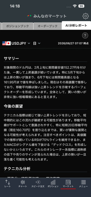 トレイダーズ証券[みんなのFX]のiPhoneAI分析レポート画面