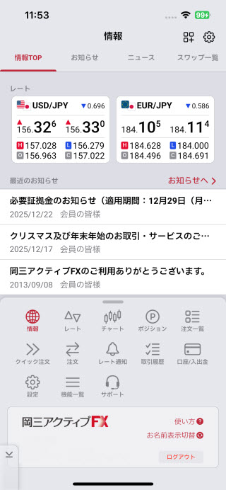 岡三証券[岡三アクティブFX]iPhoneTOP画面
