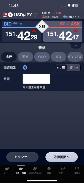 SBI FXトレード[SBI FXTRADE]iPhone注文画面